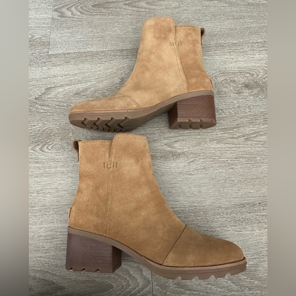 Sorel Cate Waterproof Bootie Camel Tan Suede Block Heel Women’s Size 10